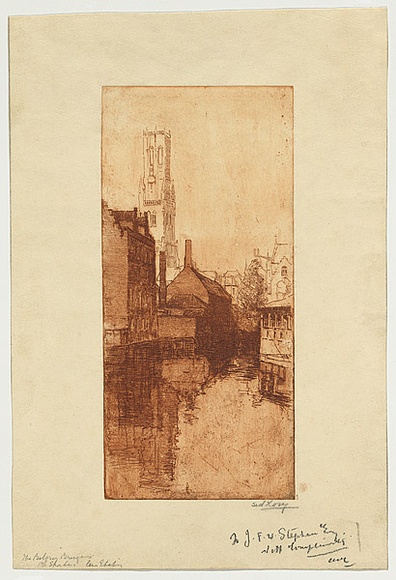 Artist: b'LONG, Sydney' | Title: b'The belfry, Bruges' | Date: c.1919 | Technique: b'line-etching and drypoint, printed in sepia ink with plate-tone, from one aluminium plate' | Copyright: b'Reproduced with the kind permission of the Ophthalmic Research Institute of Australia'