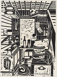 Artist: b'MEYER, Bill' | Title: b'Interior, studio' | Date: 1968 | Technique: b'linocut, printed in black ink by reduction block process' | Copyright: b'\xc2\xa9 Bill Meyer'