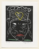 Artist: b'WALKER, Murray' | Title: b'Paris woman' | Date: 1999, November | Technique: b'linocut, printed in black ink, from one block; hand-coloured' | Copyright: b'\xc2\xa9 Murray Walker'