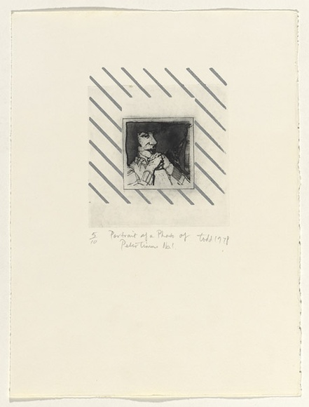 Artist: b'Todd, Geoff.' | Title: b'Portrait of a photo of Peter Timms number 1' | Date: 1978 | Technique: b'etching and aquatint; screenprint' | Copyright: b'This work appears on screen courtesy of the artist and copyright holder'