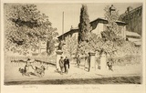 Artist: b'LINDSAY, Lionel' | Title: b'Old Education Department from the Lands Office' | Date: 1936 | Technique: b'etching and drypoint, printed in brown ink with plate-tone, from one plate' | Copyright: b'Courtesy of the National Library of Australia'