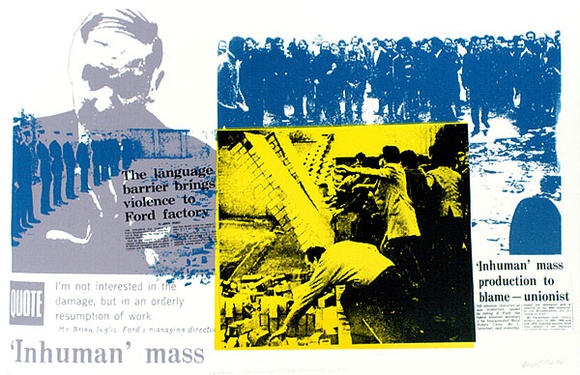 Artist: b'PROIOS, Stergios' | Title: b'The barrier is not language: Ford Broadmeadows 1973' | Date: (1985) | Technique: b'screenprint, printed in colour, from multiple stencils'