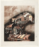 Artist: Thorpe, Lesbia. | Title: House-scape | Date: 1980 | Technique: woodcut, printed in colour, from two blocks; hand-coloured