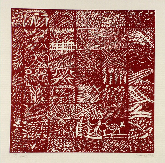 Artist: b'Shearer, Mitzi.' | Title: b'not titled' | Date: 1975 | Technique: b'linocut, printed in red ink, from one block'