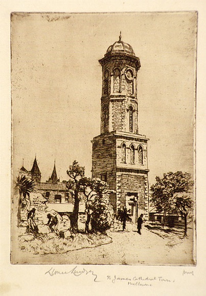 Artist: b'LINDSAY, Lionel' | Title: b'St James Cathedral Tower, Melbourne, demolished' | Date: 1914 | Technique: b'etching and aquatint, printed in brown ink with plate-tone, from one plate' | Copyright: b'Courtesy of the National Library of Australia'