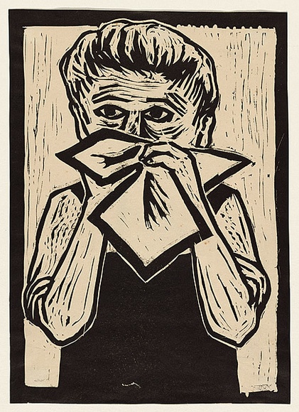 Title: b'The handkerchief' | Date: 1957 | Technique: b'linocut, printed in black ink, from one block'