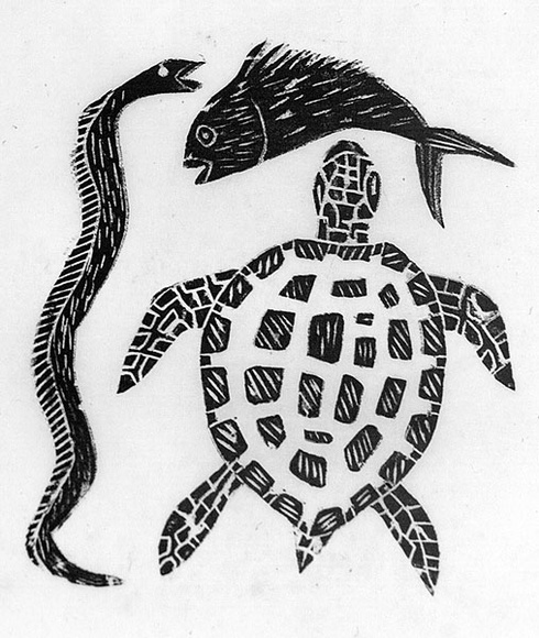 Artist: b'Artist unknown' | Title: b'Snake, fish and turtle' | Date: 1970s | Technique: b'woodcut, printed in black ink, from one block'