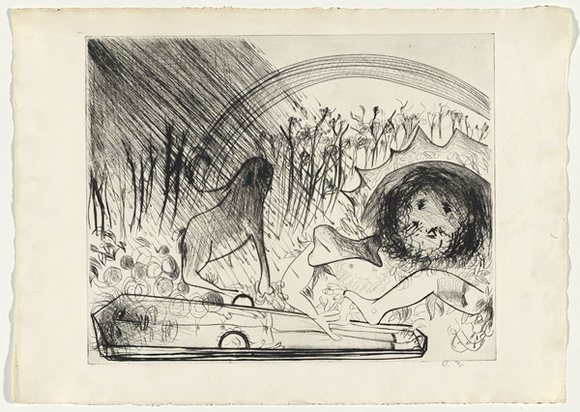 Artist: b'BOYD, Arthur' | Title: b'Lions with bone in wooded landscape (The last of St Jerome).' | Date: (1968-69) | Technique: b'etching and drypoint, printed in black ink, from one plate' | Copyright: b'Reproduced with permission of Bundanon Trust'