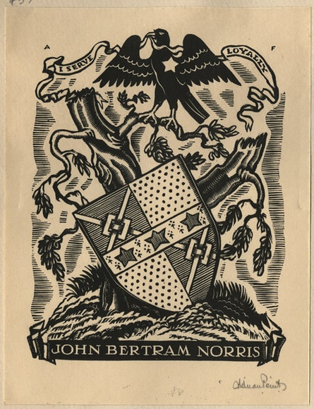 Artist: b'FEINT, Adrian' | Title: b'Bookplate: John Bertram Norris.' | Date: (1934) | Technique: b'wood-engraving, printed in black ink, from one block' | Copyright: b'Courtesy the Estate of Adrian Feint'