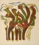 Artist: OGILVIE, Helen | Title: Greeting card: Kangaroo paw. (Print designed as christmas card) | Date: c.1951 | Technique: linocut, printed in colour, from multiple blocks