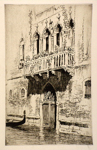 Artist: b'LINDSAY, Lionel' | Title: b'Marble balcony, Palazzo Chiarrabia, Venice.' | Date: 1937 | Technique: b'etching, printed in brown ink with plate-tone, from one plate' | Copyright: b'Courtesy of the National Library of Australia'