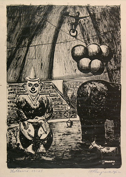 Artist: b'ROSENGRAVE, Harry' | Title: b'The clown' | Date: 1952 | Technique: b'lithograph, printed in black ink, from one stone'