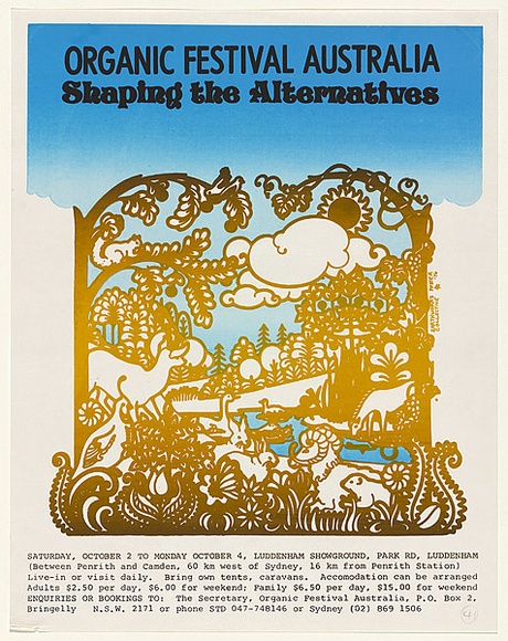 Artist: MACKINOLTY, Chips | Title: Organic festival Australia | Date: 1976 | Technique: screenprint, printed ibn colour, from three stencils