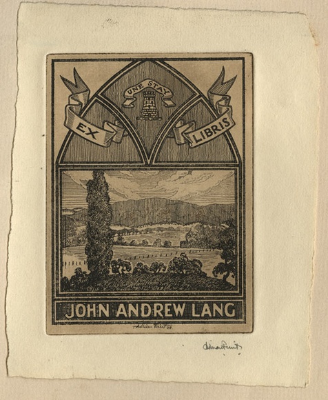 Artist: b'FEINT, Adrian' | Title: b'Bookplate: John Andrew Lang.' | Date: 1928 | Technique: b'etching, printed in brown ink with plate-tone, from one plate' | Copyright: b'Courtesy the Estate of Adrian Feint'