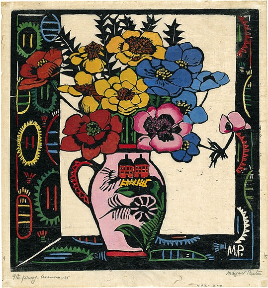 Artist: b'PRESTON, Margaret' | Title: b'Pink jug' | Date: 1925 | Technique: b'woodcut, printed in black ink, from one block; hand-coloured' | Copyright: b'\xc2\xa9 Margaret Preston. Licensed by VISCOPY, Australia'