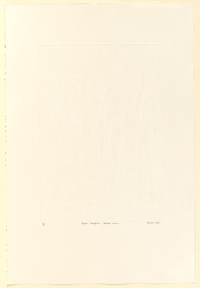 Artist: b'Hayward Pooaraar, Bevan.' | Title: b'Yongas (kangaroo) spiritual concerns' | Date: 1988 | Technique: b'embossing'