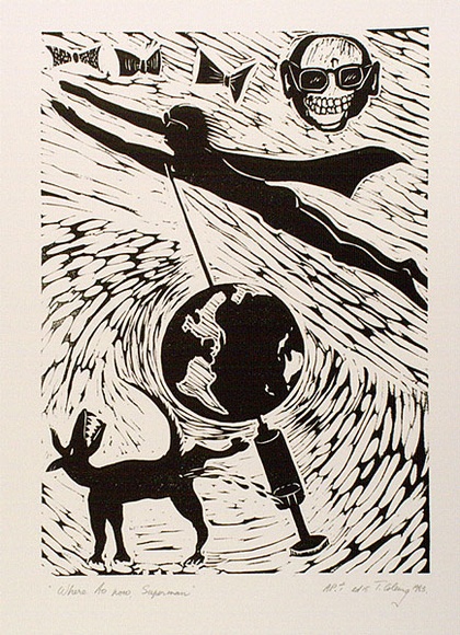 Artist: b'COLEING, Tony' | Title: b'Where to now, Superman?.' | Date: 1983 | Technique: b'linocut, printed in black ink, from one block'