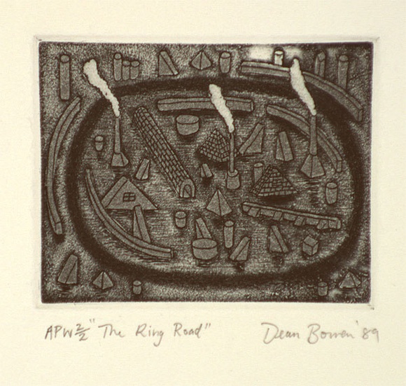 Artist: b'Bowen, Dean.' | Title: b'The ring road' | Date: 1989 | Technique: b'etching, printed in blue ink, from one plate'