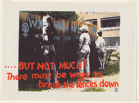 Artist: b'Robertson, Toni.' | Title: b'History I - Writing on the fence is better than sitting on the fence' | Date: 1977 | Technique: b'screenprint, printed in colour, from five stencils' | Copyright: b'\xc2\xa9 Toni Robertson'