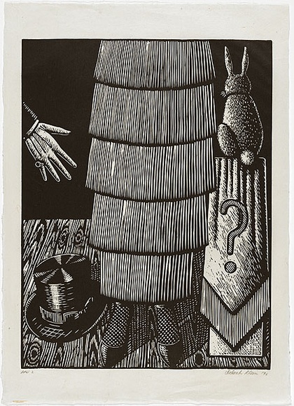 Artist: b'Klein, Deborah.' | Title: b'See the lady sawn in half! [lower section]' | Date: 1997 | Technique: b'linocut, printed in black ink, from one block'