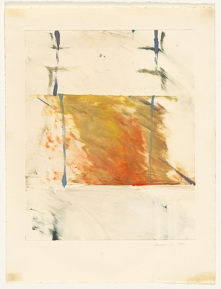 Artist: Maguire, Tim. | Title: Not titled [monoprint of orange and yellow, blue marks at periphery] | Date: 1982 | Technique: monoprint, printed in colour, from one plate