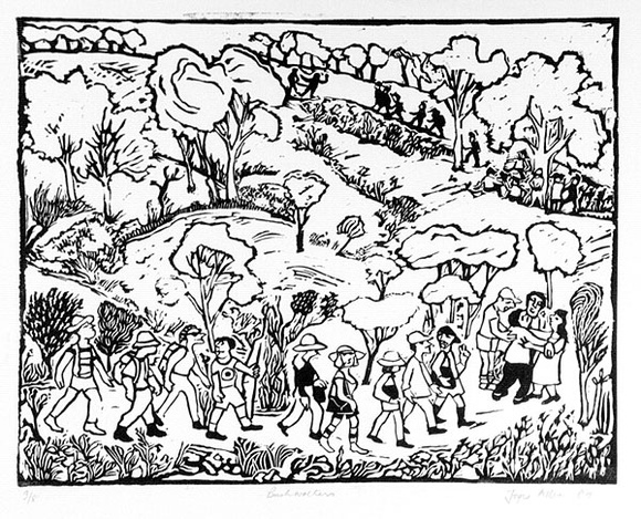 Artist: b'Allen, Joyce.' | Title: b'Bushwalkers.' | Date: 1987 | Technique: b'linocut, printed in black ink, from one block'