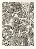 Artist: Wungi, Cecil King. | Title: not titled [composition with people, an axe and birds] | Date: c.1978 | Technique: photo-screenprint, printed in black ink, from one stencil