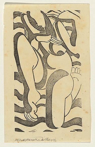 Artist: b'Walker, Ralph Trafford.' | Title: b'(Nude woman on the beach)' | Date: 1937 | Technique: b'linocut, printed in black ink, from one block'