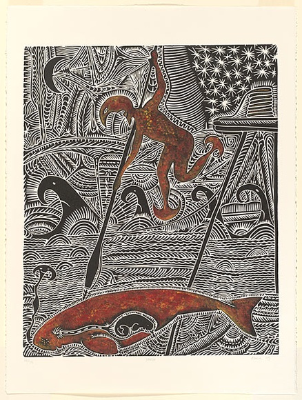 Artist: b'Nona, Dennis.' | Title: b'Naath' | Date: 1995 | Technique: b'linocut, printed in black ink, from one block hand-coloured [a la coupe - wet on wet technique]' | Copyright: b'Courtesy of the artist and the Australia Art Print Network'