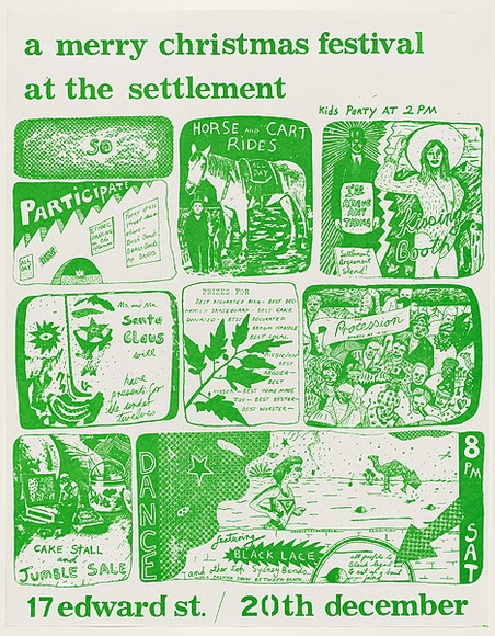 Artist: b'WORSTEAD, Paul' | Title: b'A merry christmas festival at the settlement.' | Technique: b'screenprint, printed in green ink, from one stencil' | Copyright: b'This work appears on screen courtesy of the artist'