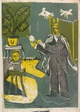 Artist: b'ROSENGRAVE, Harry' | Title: b'The magician' | Date: 1956 | Technique: b'linocut, printed in colour, from three blocks'