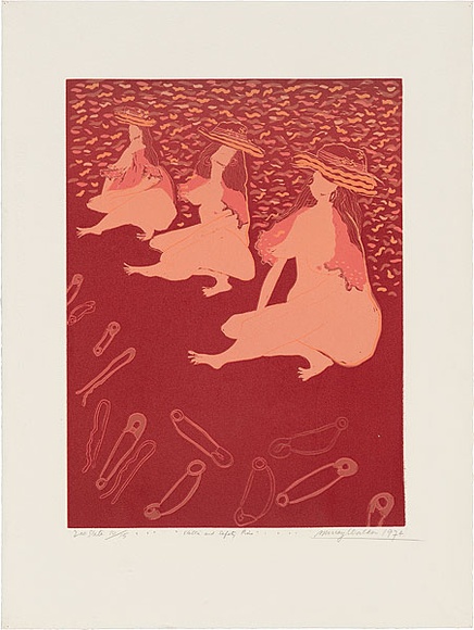 Artist: b'WALKER, Murray' | Title: b'Stella and safety pins.' | Date: 1974 | Technique: b'linocut, printed in colour, from multiple blocks'