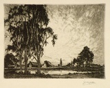 Artist: b'Warner, Alfred Edward.' | Title: b'(Country homestead by a dam)' | Technique: b'etching, printed in black ink, from one plate'