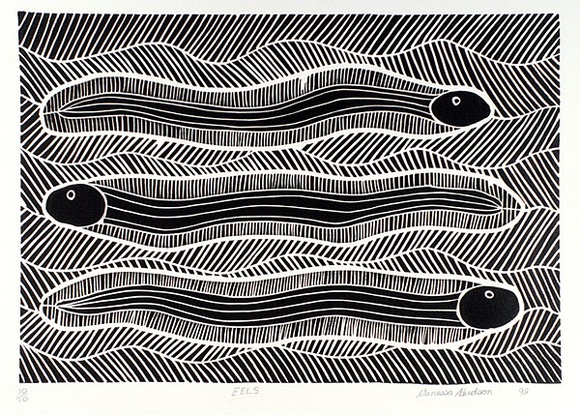 Artist: b'Hudson, Vanessa.' | Title: b'Eels' | Date: 1992 | Technique: b'linocut, printed in black ink, from one block'