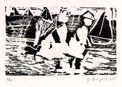 Artist: Burgess, Jeff. | Title: Kids on beach. | Date: 1985 | Technique: woodcut