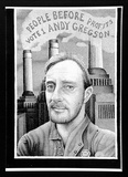 Artist: Febey, Rodney. | Title: People before profits Vote 1 Andy Gregson. | Date: 1982 | Technique: photocopy, printed in black ink, from hand drawn artwork