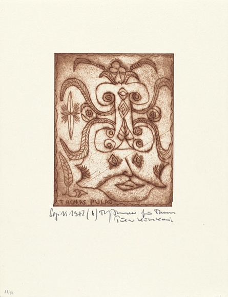 Artist: b'Kutakari, Thomas Pulao.' | Title: b'Kopfschmuck f\xc3\xbcr die Leute von Lae [Headdress for the people of Lae]' | Date: 1972 | Technique: b'etching, printed in brown ink, from one plate'