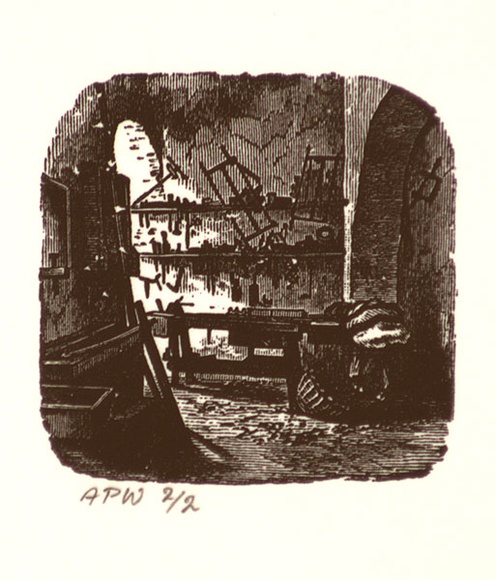 Artist: b'Stockfeld, R.H.' | Title: b'not titled [interior of wood work shed]' | Date: c.1935 | Technique: b'engraving, printed in black ink, from one copper plate'