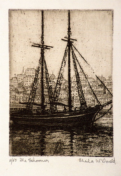 Artist: b'McDonald, Sheila.' | Title: b'The schooner' | Date: 1930s | Technique: b'etching, aquatint printed in brown ink with plate-tone'