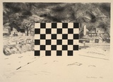 Artist: Juntunen, Timo. | Title: not titled [black and white checker board in a street scene] | Date: 1992 | Technique: lithograph, printed in black ink, from one stone