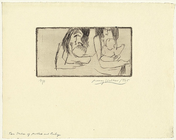 Artist: b'WALKER, Murray' | Title: b'Two studies of mother and baby' | Date: 1965 | Technique: b'drypoint, printed in black ink, from one plate'