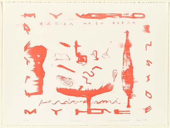 Artist: b'de Clario, Domenico.' | Title: b'Perdonami.' | Date: 1986 | Technique: b'lithograph, printed in red' | Copyright: b'\xc2\xa9 Domenico de Clario. Licensed by VISCOPY, Australia'