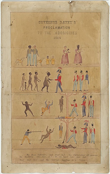 Title: bGovernor Davey's Proclamation to the Aborigines, 1816. | Date: 1866 | Technique: b'lithograph, printed in black ink, from one stone; hand-coloured'