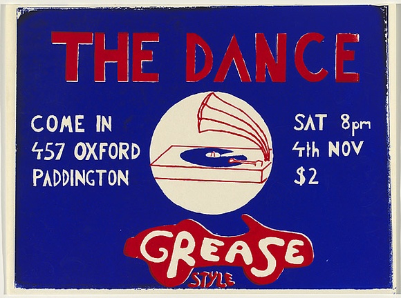 Artist: b'UNKNOWN' | Title: b'The dance...Grease style.' | Date: 1978 | Technique: b'screenprint, printed in colour, from two stencils'