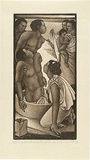 Artist: b'White, Robin.' | Title: b'The fisherman is taken from the well' | Date: 1995 | Technique: b'woodcut, printed in sepia ink, from two blocks'