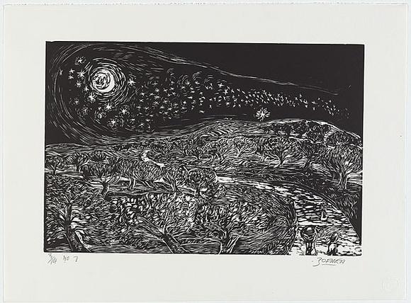 Title: b'The first time I saw the stars.' | Date: 1994-1999 | Technique: b'woodcut, printed in black ink, from one kauri pine woodblock' | Copyright: b'\xc2\xa9 Salvatore Zofrea, 1994-1999'