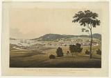 Title: bSouth West view of Hobart Town, Van Diemen's Land. | Date: 1820 | Technique: b'engraving and aquatint, printed in black ink, from one plate; hand-coloured'