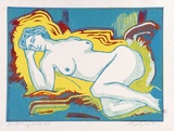 Artist: Taylor, John H. | Title: Reclining nude | Date: 1976 | Technique: linocut, printed in colour, from three blocks