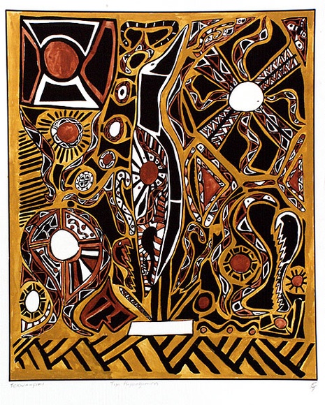 Artist: Pupangamirri, Tim. | Title: Tokwanpimi | Date: 1988 | Technique: screenprint, printed in black ink, from one stencil; hand-coloured