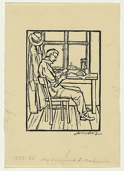 Artist: b'Groblicka, Lidia.' | Title: b'My boyfriend L Machnicki' | Date: 1955-56 | Technique: b'woodcut, printed in black ink, from one block'